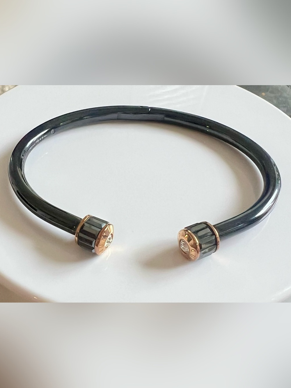 Henri Bendel Elegant Black and Rose Gold Open Cuff Bracelet with Crystal Accents